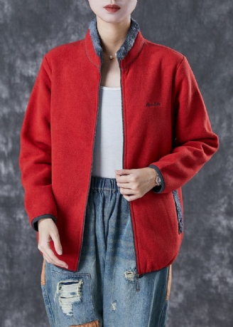 Manteau Polaire Chaud Brodé Rouge Simple Hiver