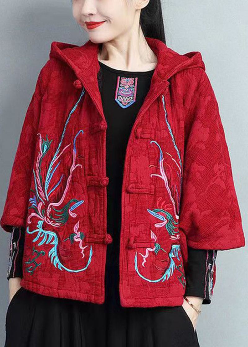 Manteau Polaire Chaud À Capuche Avec Boutons Chinois Brodés Rouges Vintage Printemps