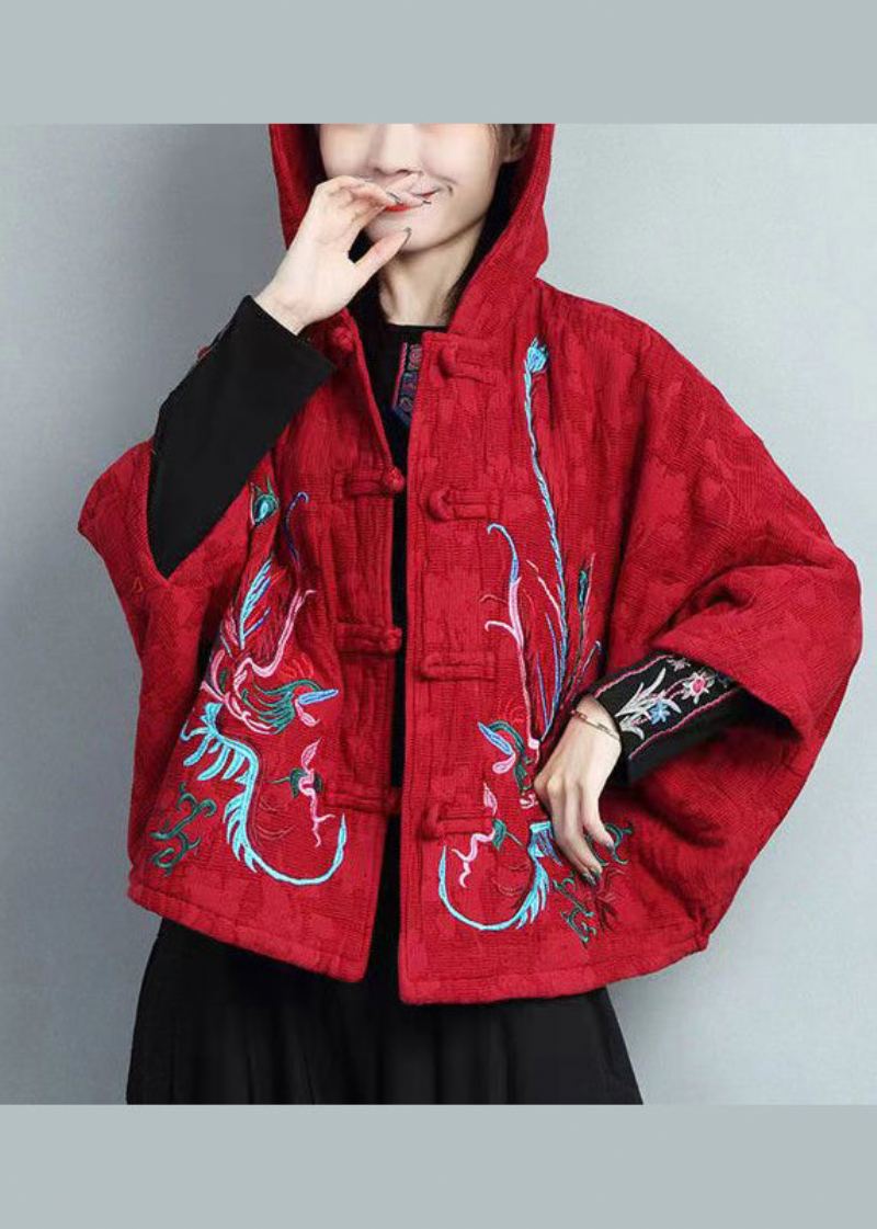 Manteau Polaire Chaud À Capuche Avec Boutons Chinois Brodés Rouges Vintage Printemps - Manteaux d'hiver femmes