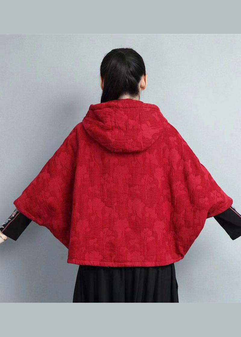 Manteau Polaire Chaud À Capuche Avec Boutons Chinois Brodés Rouges Vintage Printemps - Manteaux d'hiver femmes