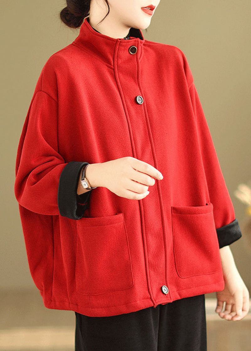 Manteau Polaire Chaud Et Ample Avec Boutons Rouges Col Montant Manches Longues