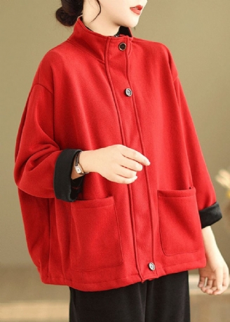 Manteau Polaire Chaud Et Ample Avec Boutons Rouges Col Montant Manches Longues