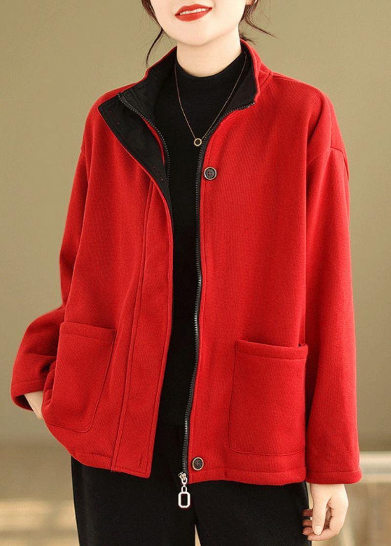 Manteau Polaire Chaud Et Ample Avec Boutons Rouges Col Montant Manches Longues - Manteaux d'hiver femmes