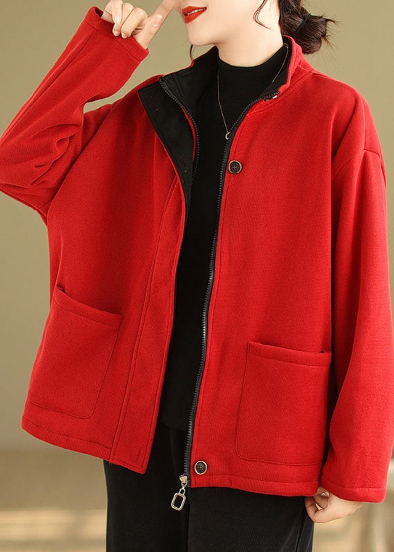 Manteau Polaire Chaud Et Ample Avec Boutons Rouges Col Montant Manches Longues - Manteaux d'hiver femmes