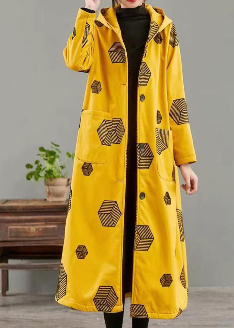 Manteau Polaire Chaud Imprimé Poches À Capuche Jaune Femme Hiver