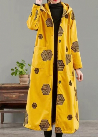 Manteau Polaire Chaud Imprimé Poches À Capuche Jaune Femme Hiver