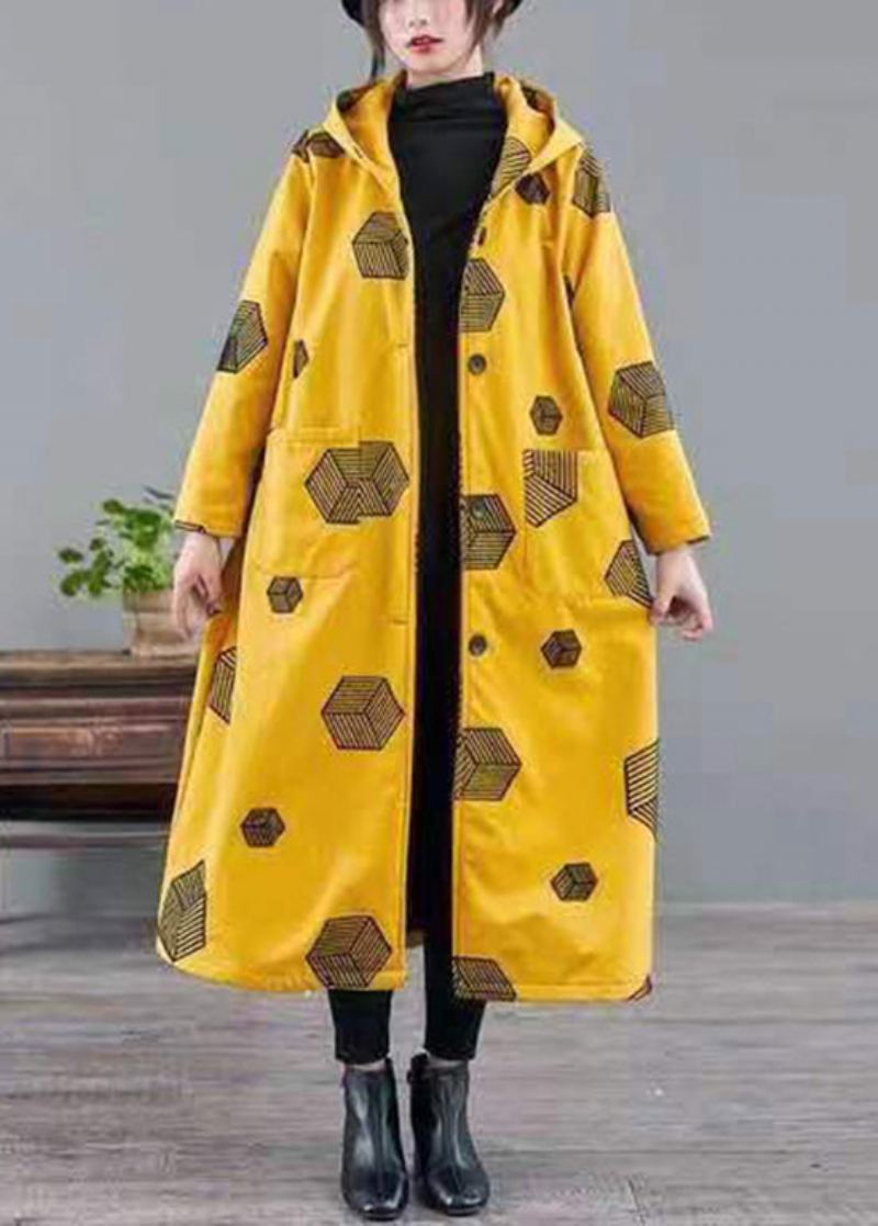 Manteau Polaire Chaud Imprimé Poches À Capuche Jaune Femme Hiver - Manteaux d'hiver femmes