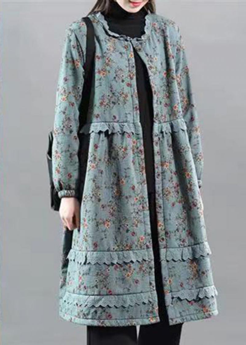 Manteau Polaire Chaud En Patchwork De Dentelle À Volants Bleu Chic Automne - Manteaux d'hiver femmes