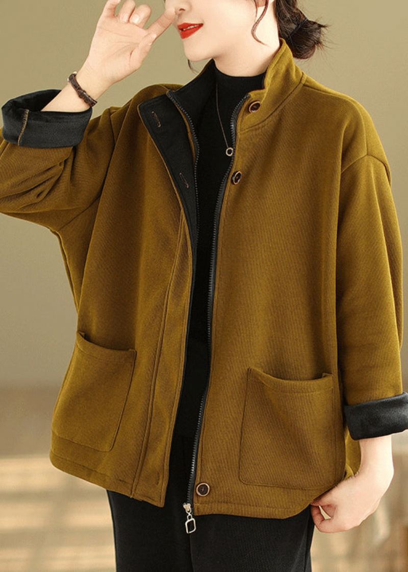 Manteau Polaire Chaud En Patchwork Jaune Avec Poches Zippées De Grande Taille Automne - Manteaux d'hiver femmes