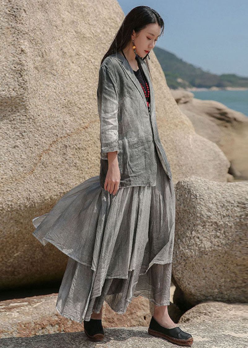 Manteau De Printemps En Lin À Boutons Et Col Peter Pan Gris Art - Manteaux d'hiver femmes