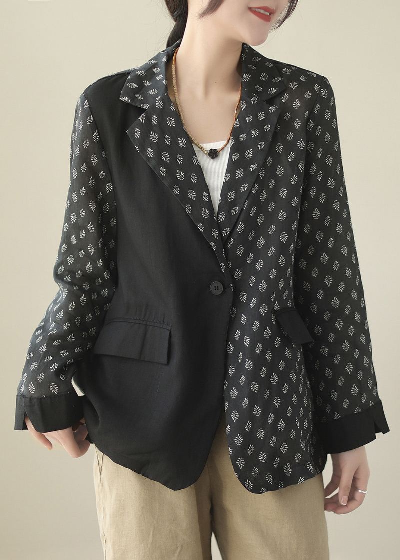 Manteau Ramie Chic Noir Patchwork Bouton Printemps