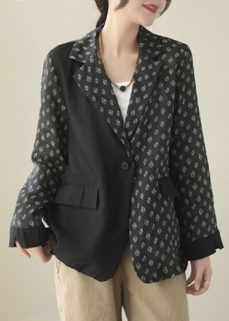 Manteau Ramie Chic Noir Patchwork Bouton Printemps