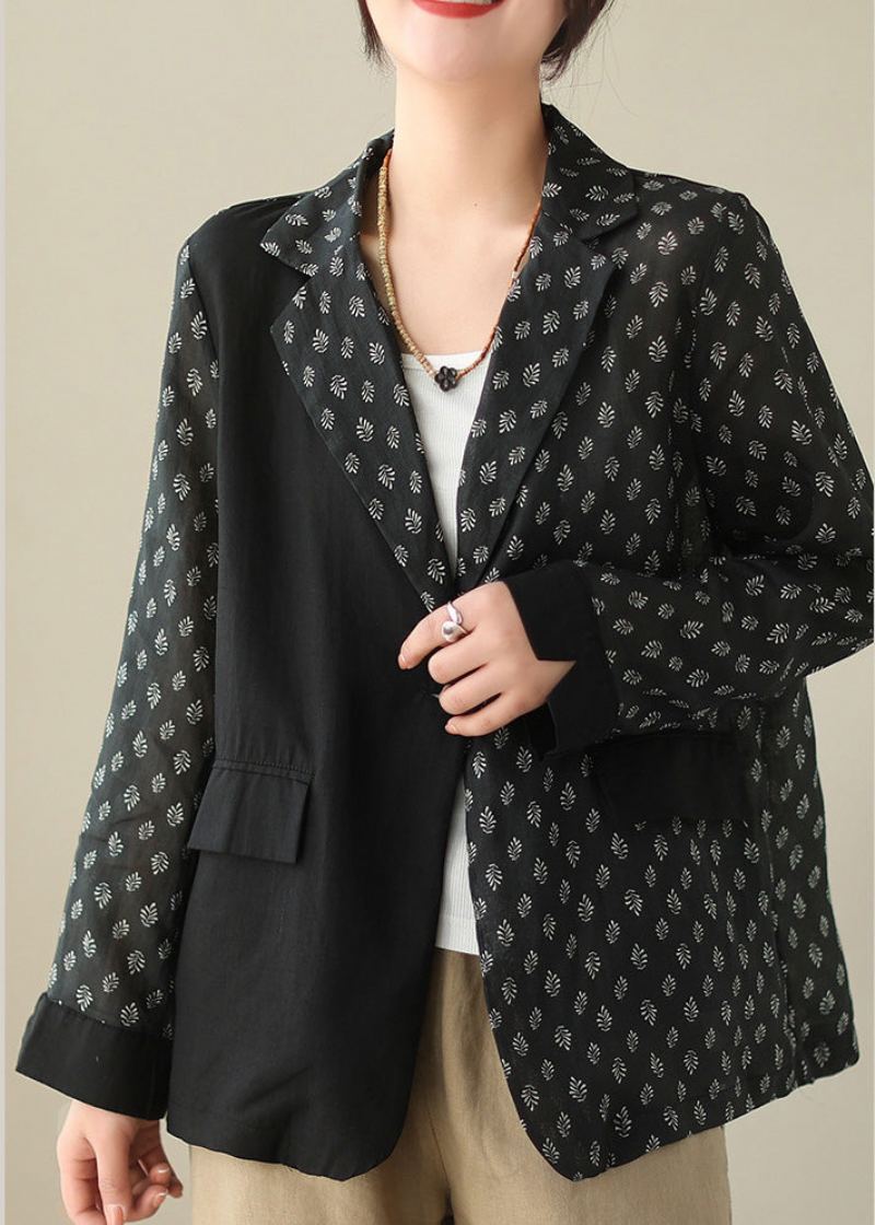 Manteau Ramie Chic Noir Patchwork Bouton Printemps - Noir