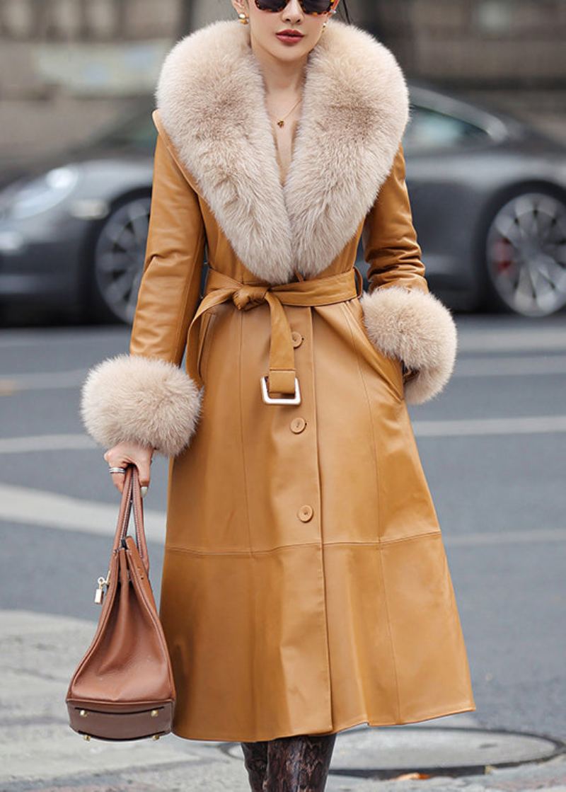 Manteau En Simili Cuir Kaki Français Col En Renard Cravate À La Taille Manches Longues - Manteaux d'hiver femmes