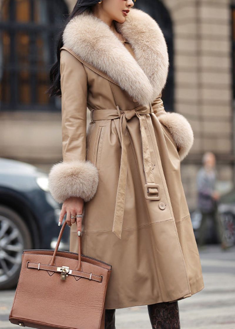 Manteau En Simili Cuir Kaki Français Col En Renard Cravate À La Taille Manches Longues - Manteaux d'hiver femmes