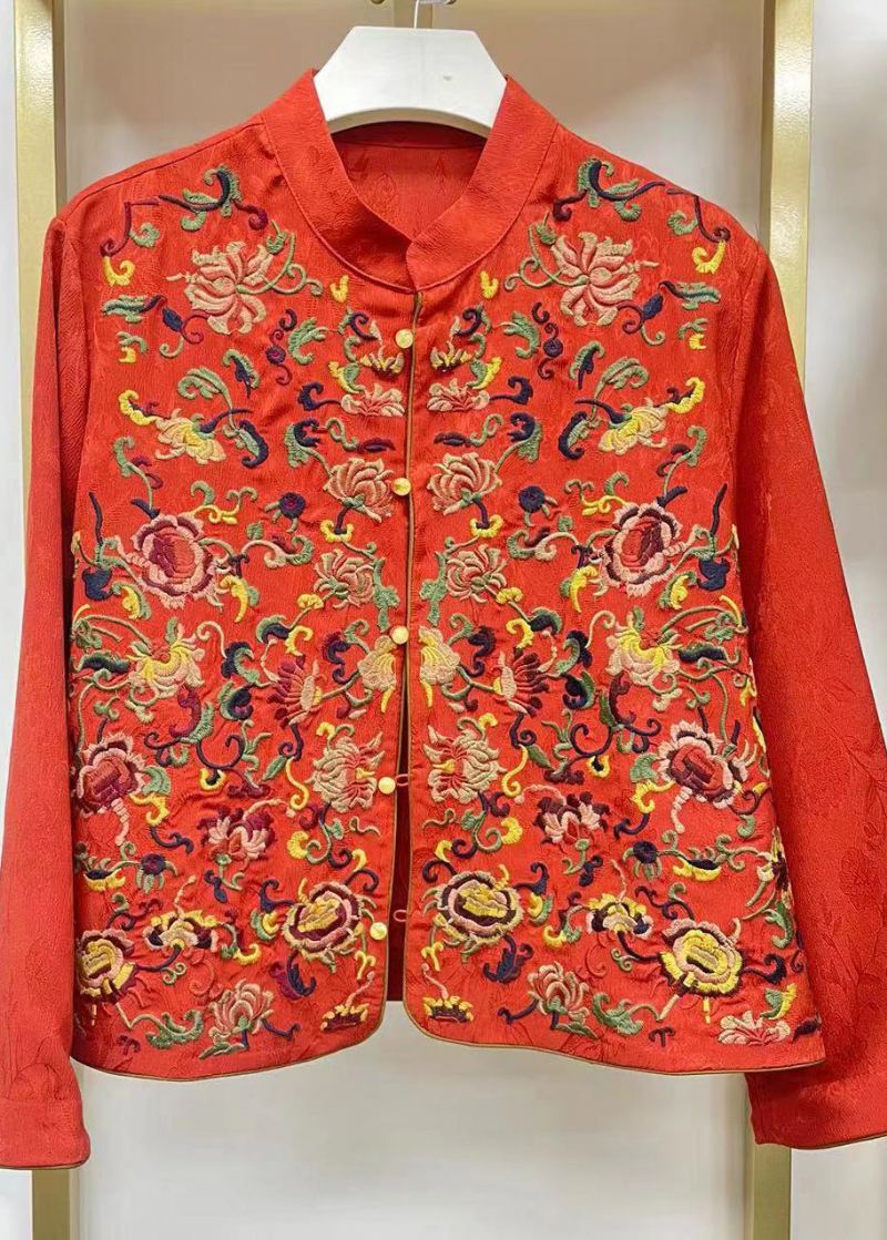 Manteau En Soie Brodé À Col Montant Rouge De Style Chinois Automne - Manteaux d'hiver femmes