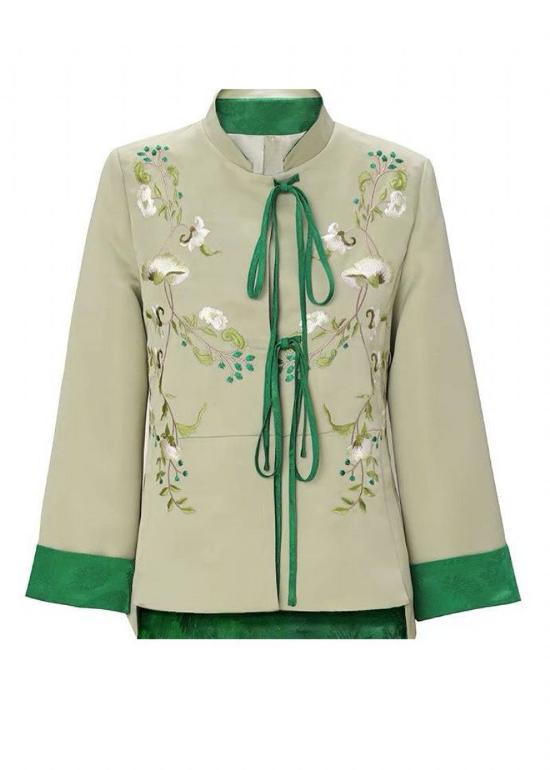 Manteau En Soie Brodé À Lacets Pour Femmes Vert Clair Printemps - Manteaux d'hiver femmes