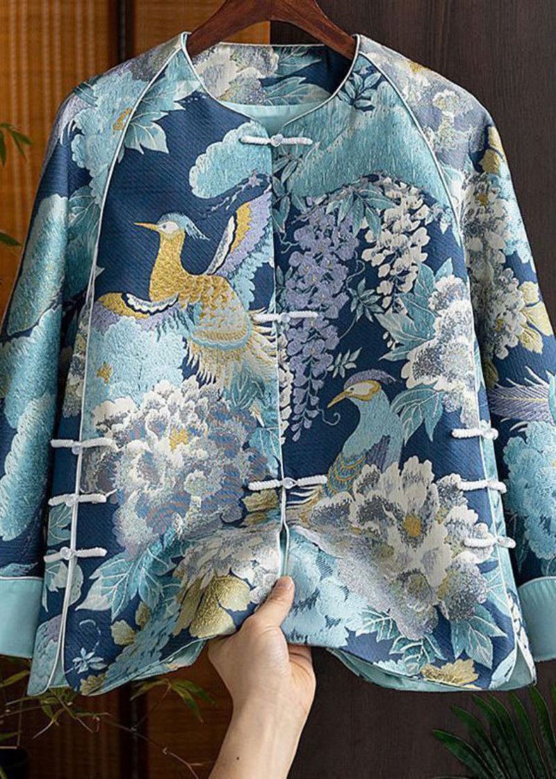 Manteau En Soie Épissé De Boutons Orientaux Brodés Bleus De Style Chinois Automne - Manteaux d'hiver femmes