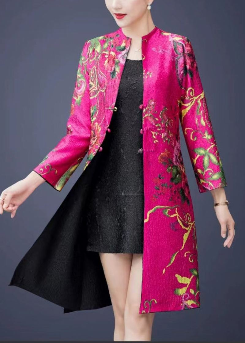 Manteau En Soie Imprimé Rose Froissé De Style Chinois Vêtements D'automne Des Deux Côtés