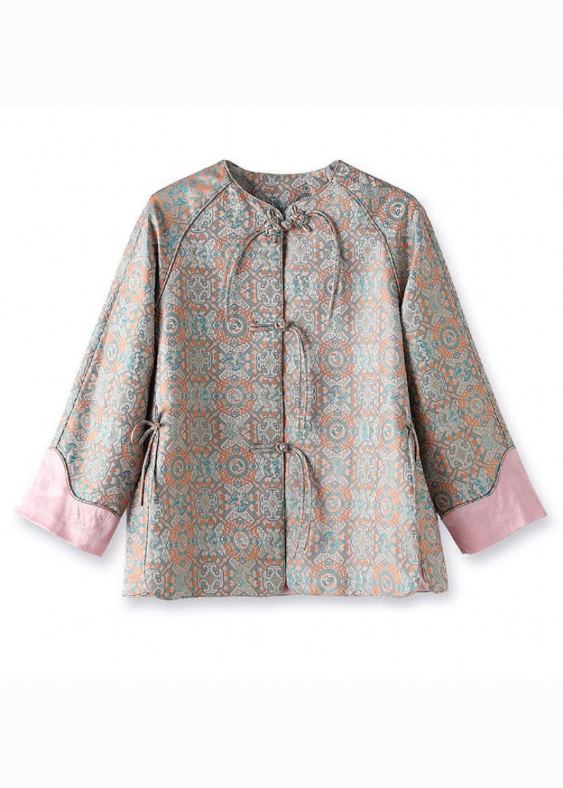 Manteau En Soie Jacquard Rose Patchwork Bouton Ouvert Sur Le Côté Automne - Manteaux d'hiver femmes