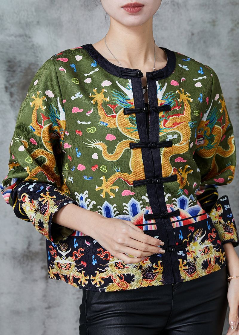 Manteau En Soie Patchwork Brodé Vert Vintage Printemps