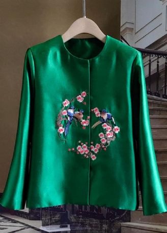 Manteau En Soie Patchwork D'oiseaux Brodés Vert Français Printemps