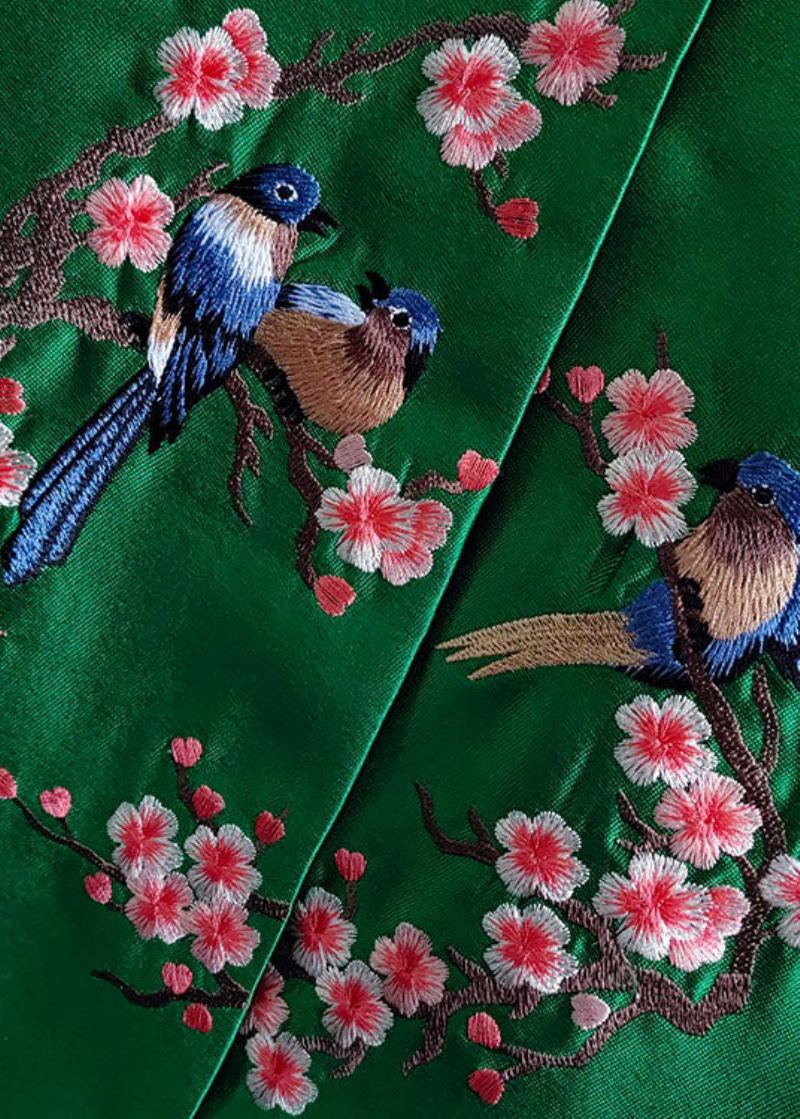 Manteau En Soie Patchwork D'oiseaux Brodés Vert Français Printemps - Manteaux d'hiver femmes