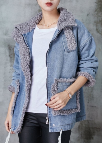 Manteau Surdimensionné Doublé De Laine Polaire Bleu Denim Patchwork Hiver