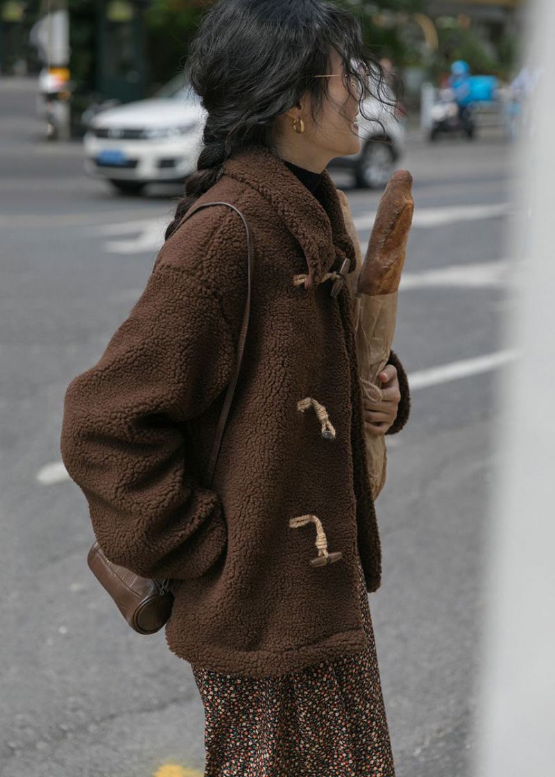 Manteau Teddy En Cachemire Épais Bouton Corne Chocolat Grande Taille Hiver - Manteaux d'hiver femmes