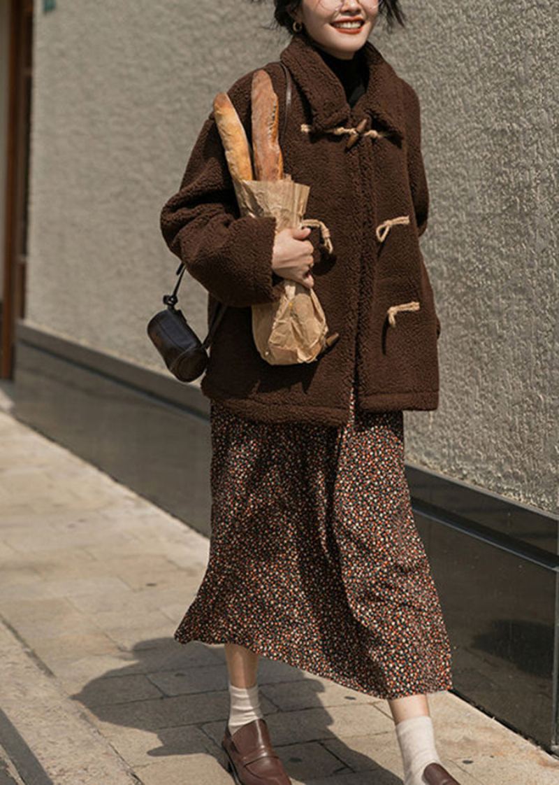 Manteau Teddy En Cachemire Épais Bouton Corne Chocolat Grande Taille Hiver - Manteaux d'hiver femmes