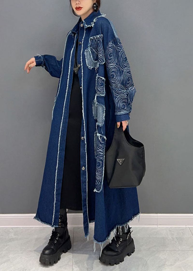 Manteau En Tissu Denim Bleu Français Col Rabattu Patchwork Printemps - Manteaux d'hiver femmes