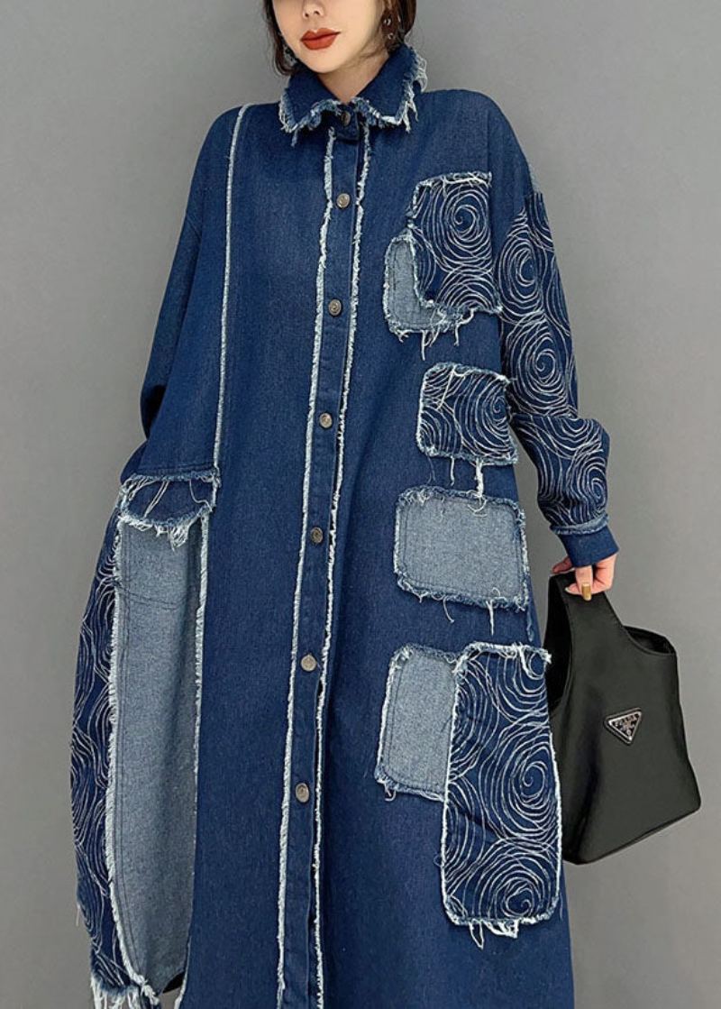 Manteau En Tissu Denim Bleu Français Col Rabattu Patchwork Printemps - Manteaux d'hiver femmes