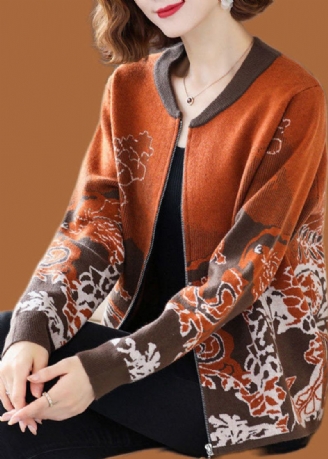 Manteau En Tricot Jacquard Orange Vêtements D'extérieur Col Rond Fermeture Éclair Manches Longues