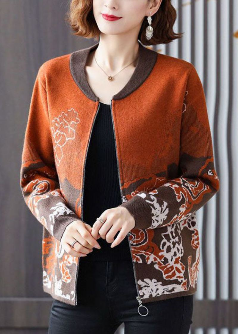 Manteau En Tricot Jacquard Orange Vêtements D'extérieur Col Rond Fermeture Éclair Manches Longues - Orange