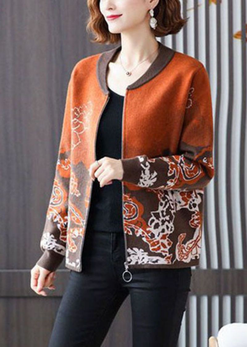 Manteau En Tricot Jacquard Orange Vêtements D'extérieur Col Rond Fermeture Éclair Manches Longues - Orange