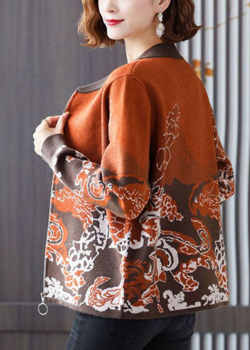 Manteau En Tricot Jacquard Orange Vêtements D'extérieur Col Rond Fermeture Éclair Manches Longues - Orange