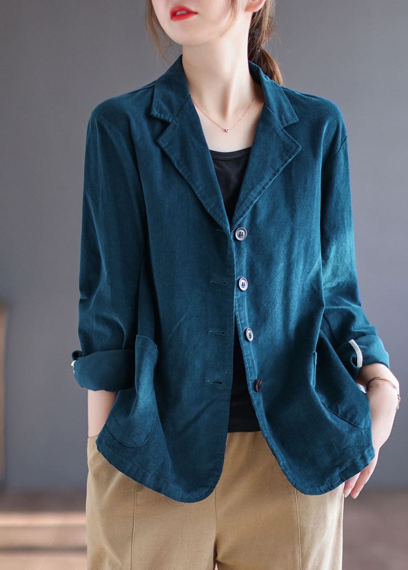 Manteau En Velours Côtelé D'automne Bleu À La Mode Avec Poches Et Boutons En Patchwork