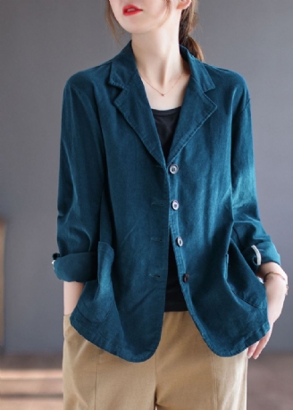 Manteau En Velours Côtelé D'automne Bleu À La Mode Avec Poches Et Boutons En Patchwork