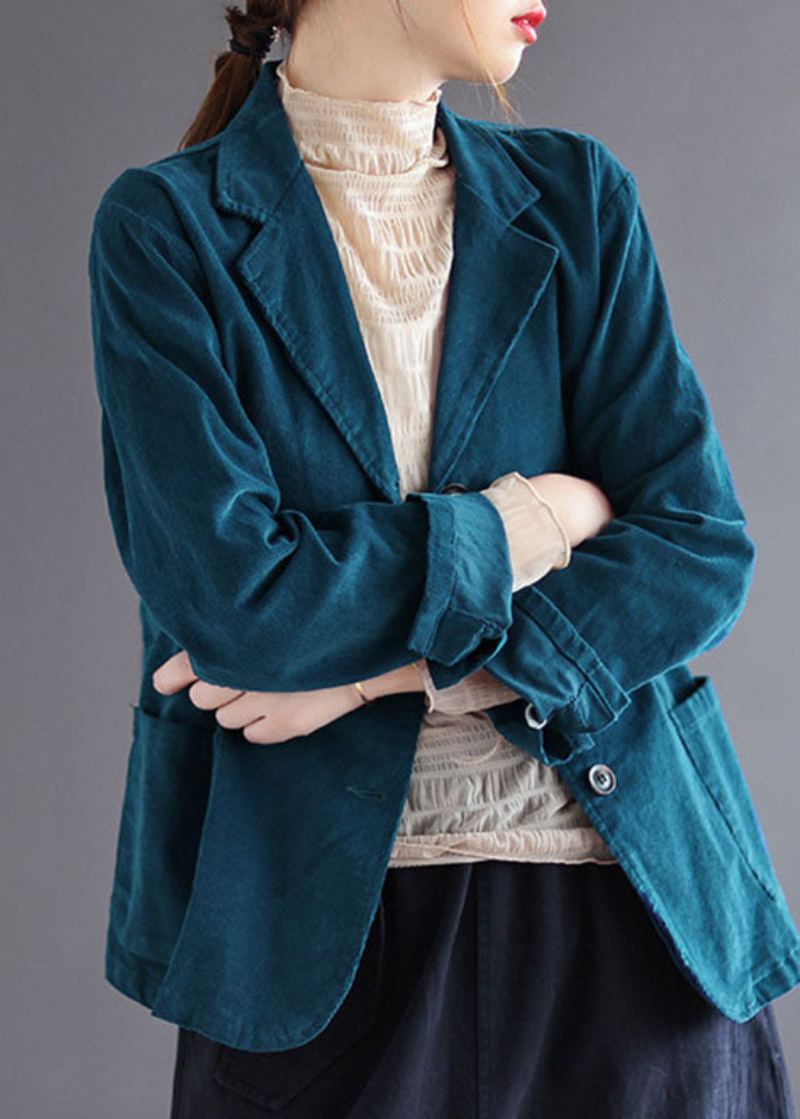 Manteau En Velours Côtelé D'automne Bleu À La Mode Avec Poches Et Boutons En Patchwork - Bleu