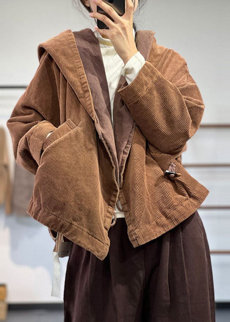 Manteau En Velours Côtelé À Capuche Et Poches Surdimensionnées Chocolat De Grande Taille Printemps