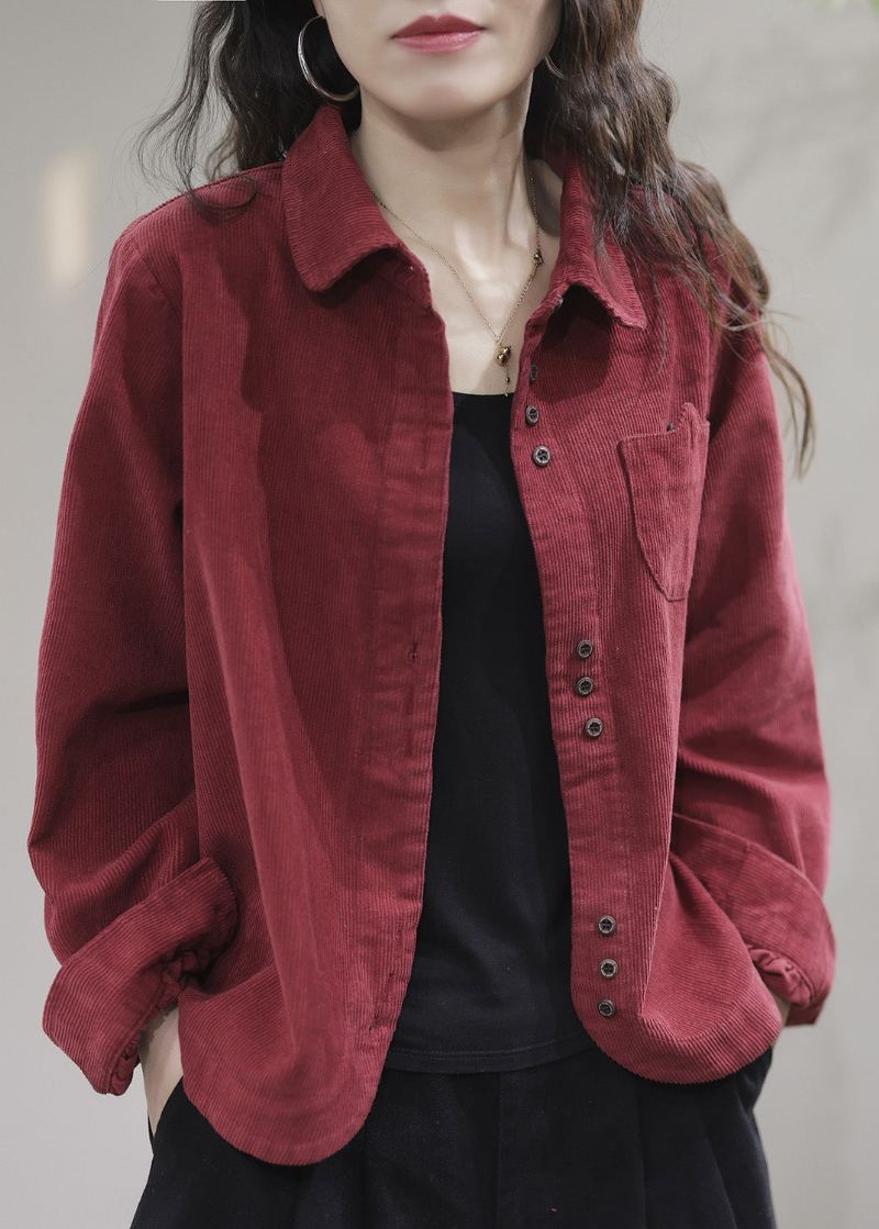 Manteau En Velours Côtelé Uni Avec Poches Rouges Et Boutons Printemps