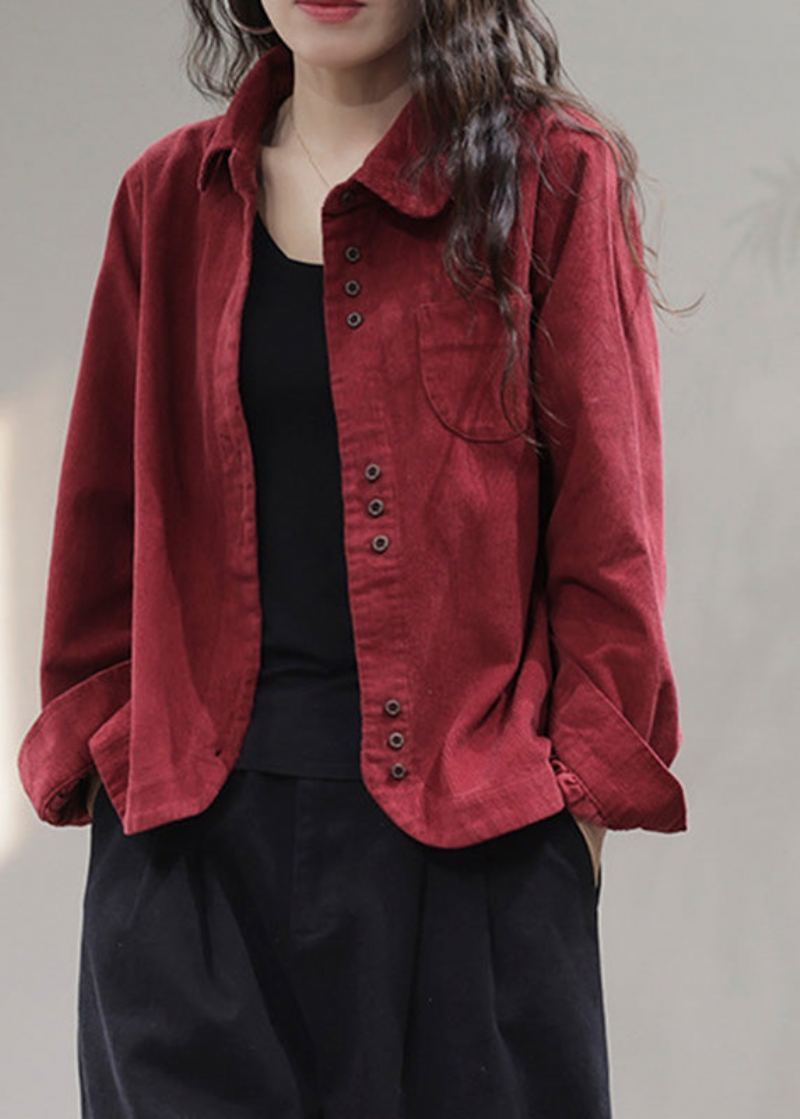 Manteau En Velours Côtelé Uni Avec Poches Rouges Et Boutons Printemps - Rouge