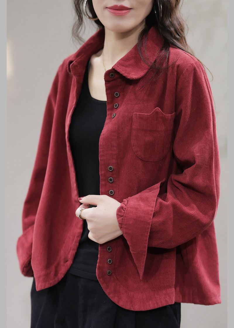 Manteau En Velours Côtelé Uni Avec Poches Rouges Et Boutons Printemps - Rouge