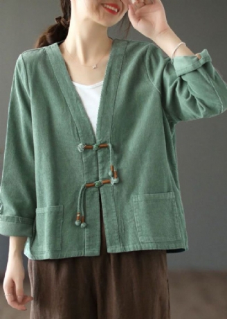 Manteau En Velours Côtelé Vert Bohème Avec Poches À Pompons Et Patchwork Automne