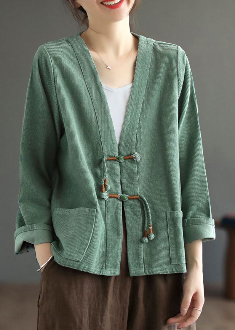 Manteau En Velours Côtelé Vert Bohème Avec Poches À Pompons Et Patchwork Automne - Manteaux d'hiver femmes