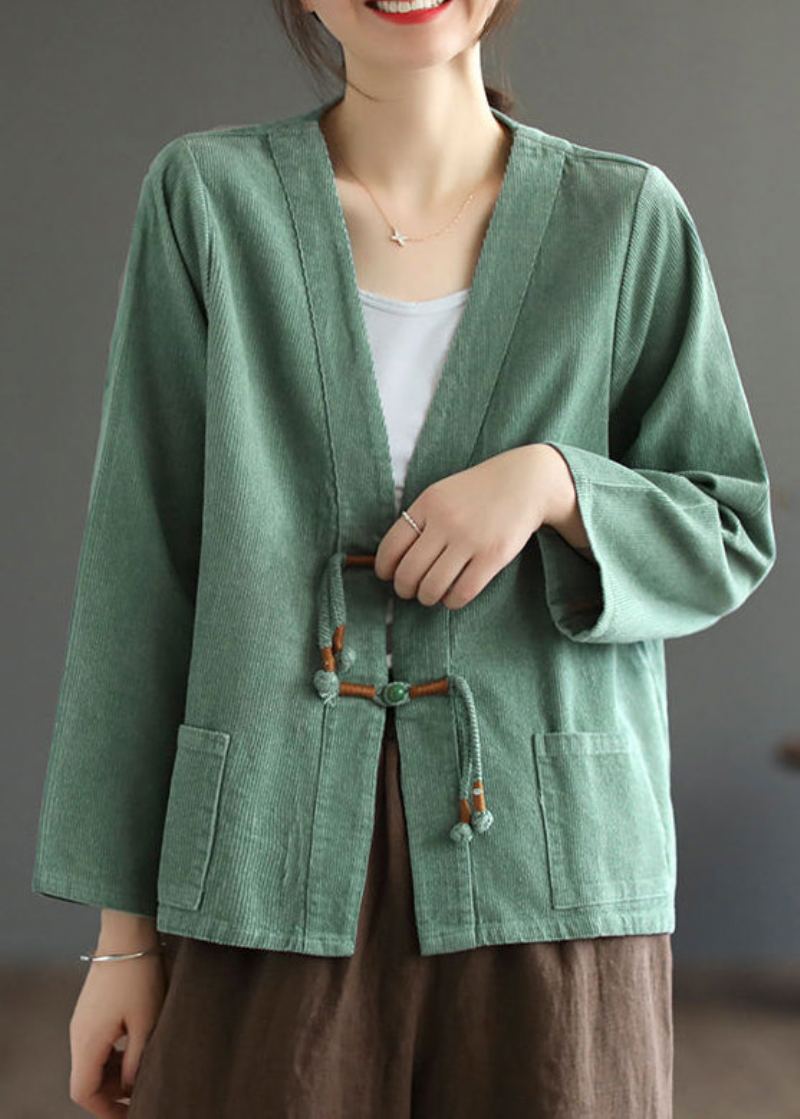 Manteau En Velours Côtelé Vert Bohème Avec Poches À Pompons Et Patchwork Automne - Manteaux d'hiver femmes