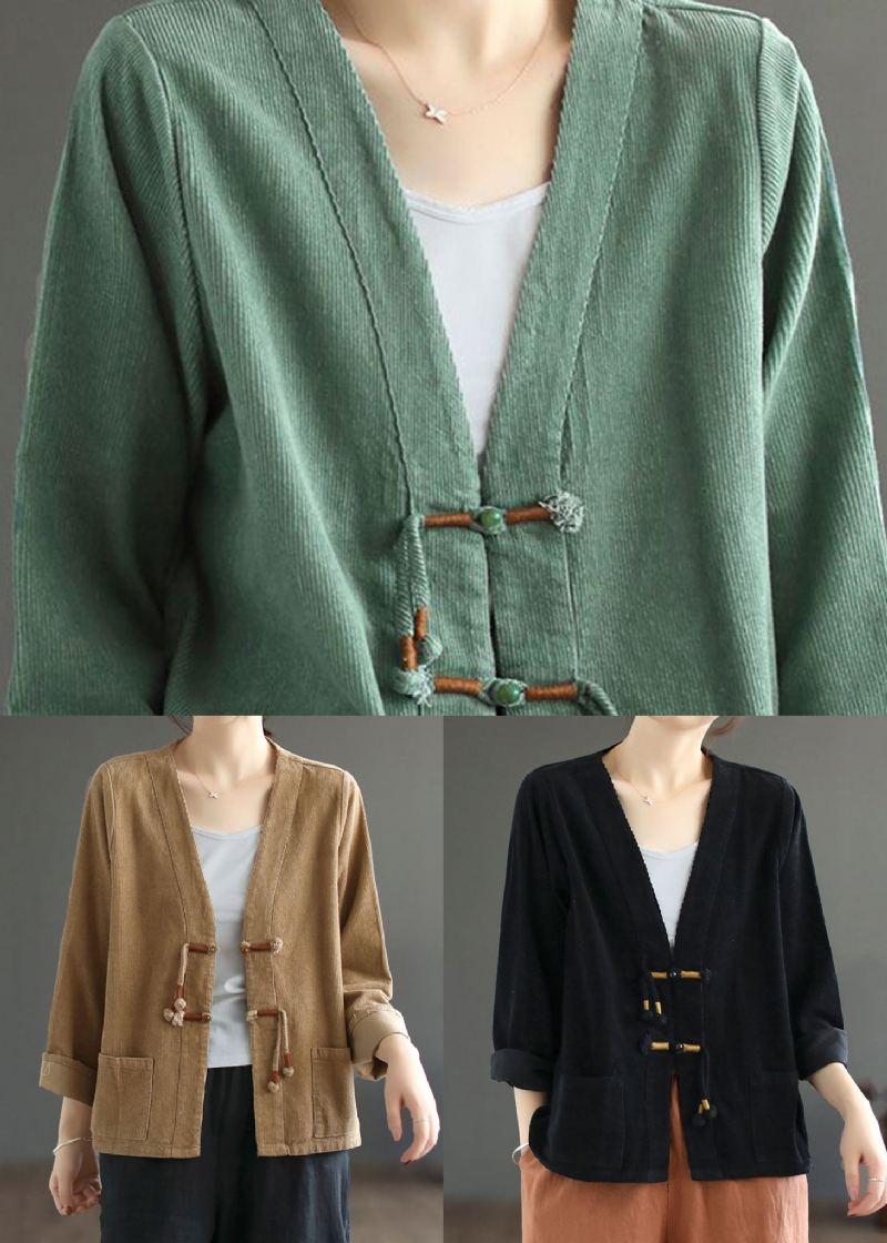 Manteau En Velours Côtelé Vert Bohème Avec Poches À Pompons Et Patchwork Automne - Manteaux d'hiver femmes