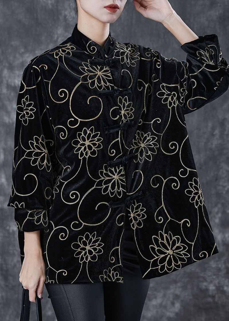 Manteau En Velours De Soie Avec Boutons Chinois En Jacquard Noir Unique Printemps