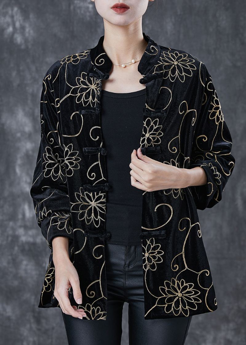 Manteau En Velours De Soie Avec Boutons Chinois En Jacquard Noir Unique Printemps - Manteaux d'hiver femmes