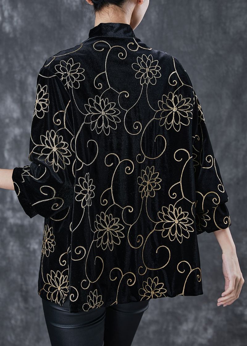 Manteau En Velours De Soie Avec Boutons Chinois En Jacquard Noir Unique Printemps - Manteaux d'hiver femmes